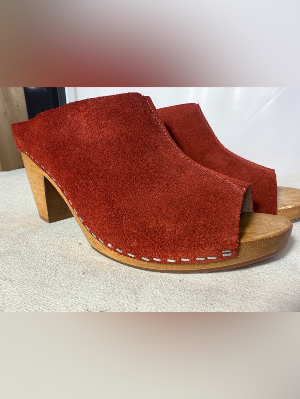 Women's Red Suede Open-Toe Clog Mules